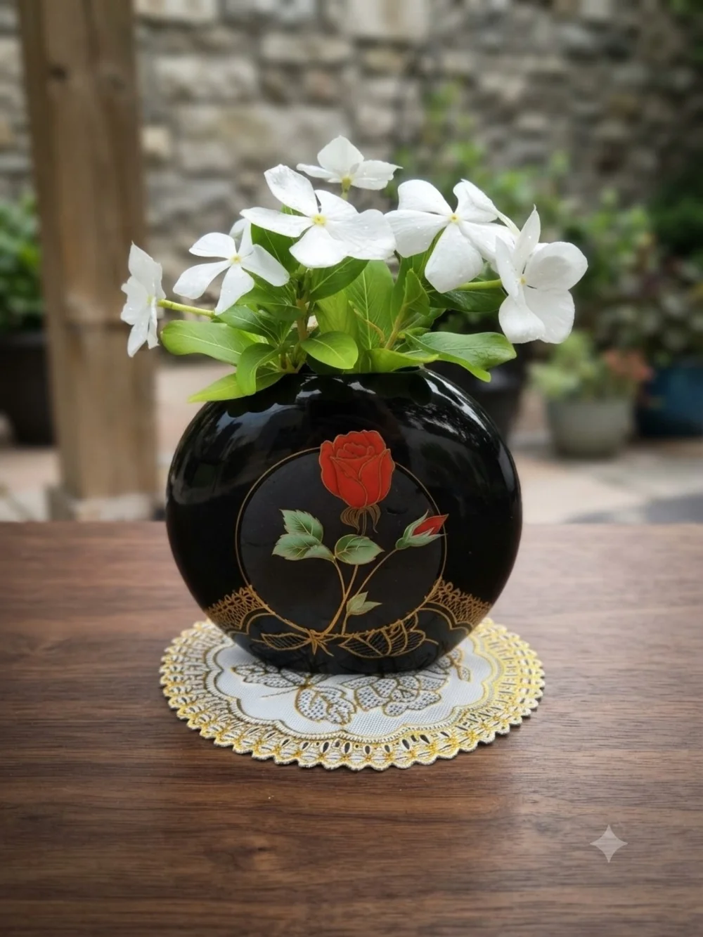 Otagiri Black Ceramic Vase with Red Rose and Gold Accents